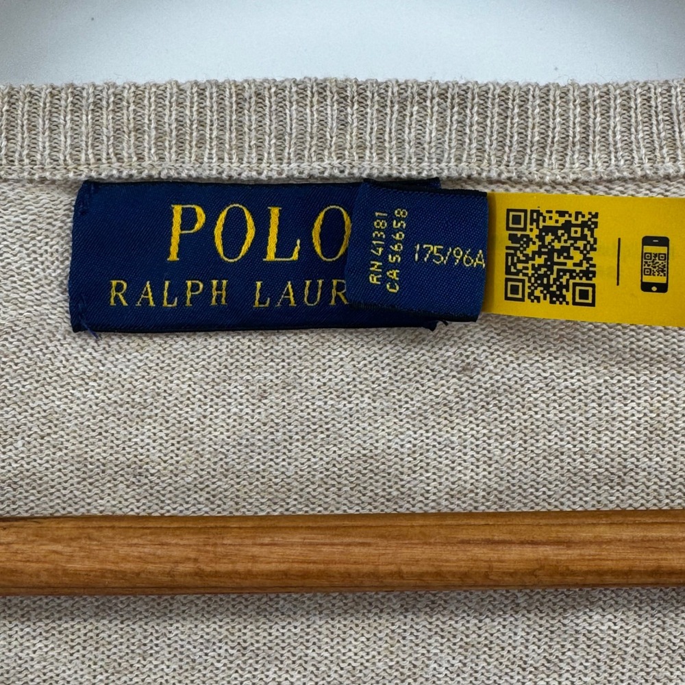 Polo Ralph Lauren Men V-Neck Sweater Tan Heather Pony Logo Sz Medium 100% Cotton - Picture 8 of 9